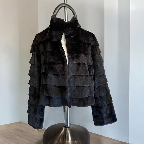 Vintage Blue Duck black rabbit fur ruffle coat Size women’s L - Picture 1 of 12